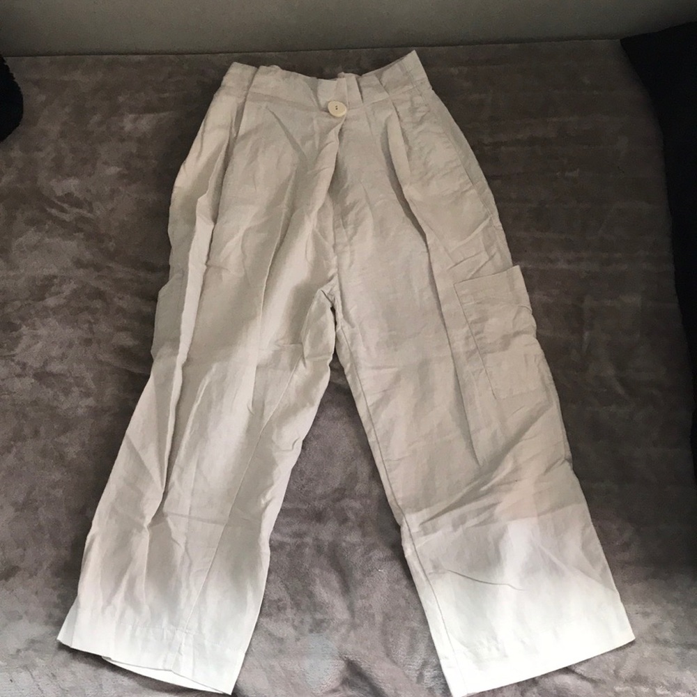 NEW ZARA cinched waist linen style cargo pants szM